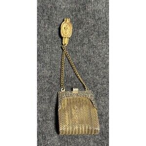 Vintage Gold Chatelaine Mesh Coin Purse on Chain W/ Clip  Catholic Saint Medal